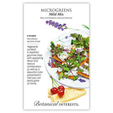 Botanical Interests Mild Mix Microgreens seed packet illustrating a plated dish of crackers, cheese, and cherries garnished with colourful microgreens and lavender, with text noting a 5–10 day indoor sowing period and describing the mix's flavour, texture, and colour.