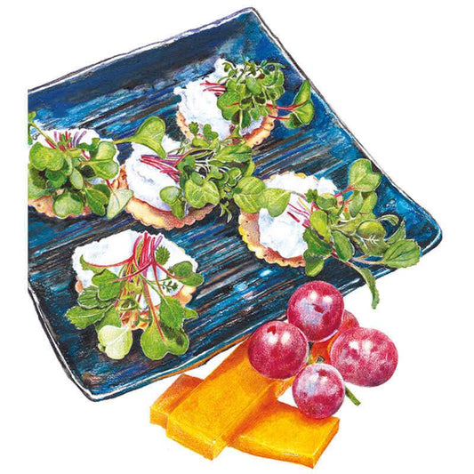 Illustration of crackers topped with soft cheese and colourful microgreens, showing slender red and green stems and small leaves, arranged on a dark blue textured plate beside red grapes and slices of cheese.