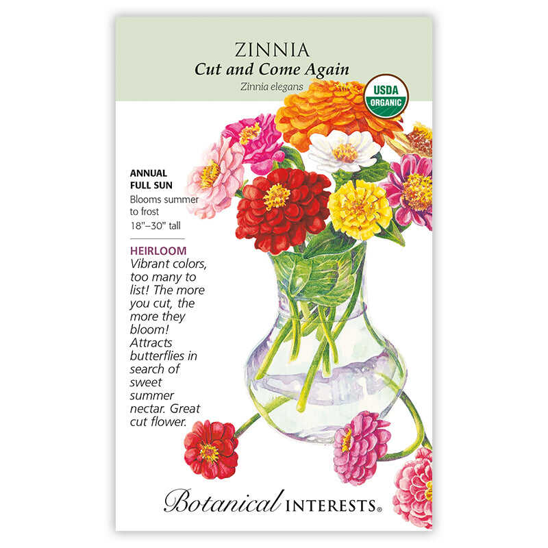 Front of an organic Botanical Interests seed packet for Cut and Come Again Zinnia Seeds displaying a USDA Organic seal, product details, and botanical illustration of colorful zinnias in a glass vase.