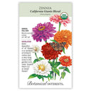 Front of an organic Botanical Interests seed packet for California Giants Blend Zinnia Seeds displaying a USDA Organic seal and a colorful illustration of pink, orange, red, and white zinnia blossoms with a butterfly.
