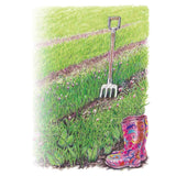 Coloured illustration of a flowering pea and oats cover crop growing thickly along a garden row, with a garden fork planted in the soil and a pair of floral patterned wellington boots resting beside the plants.