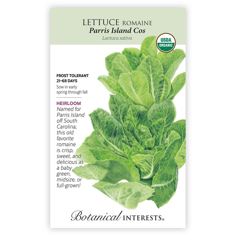 Front of an organic Botanical Interests seed packet for Heirloom Parris Island Cos Romaine Lettuce Seeds featuring a USDA Organic seal and botanical information and  illustration of upright green romaine lettuce.