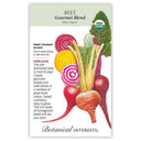 Front of an organic Botanical Interests seed packet for Gourmet Blend Beet Seeds featuring a USDA Organic seal, heirloom description, and a botanical illustration of sliced and whole beets in red, yellow, and striped pink-and-white colors.