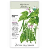 Seed packet for Provider Bush Bean featuring a USDA Organic seal and a botanical illustration of clustered green pods with pale purple flowers on leafy vines, alongside printed text noting it's a frost-sensitive, 50-day, disease-resistant heirloom variety.