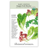 Seed packet for Botanical Interests Snappy Fresh Mesclun Baby Greens, illustrated with watercolor lettuce and arugula leaves in shades of green and red, noting USDA Organic certification, a 20–25 day harvest time, and descriptive text about the mild-to-spicy salad mix.
