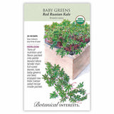 Seed packet for USDA Organic Heirloom Red Russian Kale baby greens, illustrated with a wooden planter of frilly green leaves on red stems, plus text noting a 25–30 day harvest, indoor sowing, and an included Kale Caesar salad recipe.