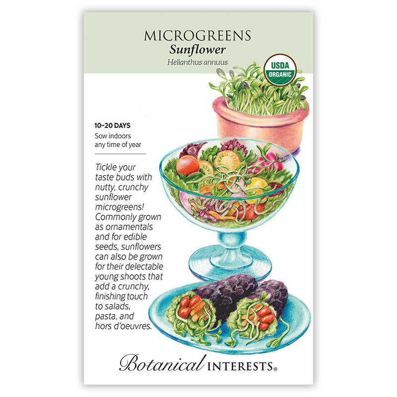 Seed packet for Organic Sunflower Microgreens illustrating a terracotta pot of sprouted greens, a glass bowl salad topped with the sprouts, and lettuce cups filled with tomatoes and shoots, alongside text noting a 10–20 day indoor sowing period and USDA Organic certification.