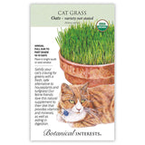 Front of an organic Botanical Interests seed packet for Cat Grass Seeds displaying a USDA Organic seal, plant characteristics, and a botanical illustration of lush green cat grass growing in a terracotta pot above an orange tabby cat.