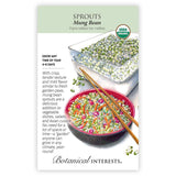 Botanical Interests USDA Organic Mung Bean Sprouts seed packet illustrated with a clear container of pale sprouted beans and a red bowl of mixed sprouts with shredded carrot, chopsticks resting across it, alongside text noting a 4-6 day growing time and use in salads and Asian dishes.