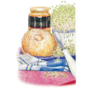 Illustration showing a jar of mustard, a poppy-seed bagel, and a knife beside a dense sprouting jar of alfalfa sprouts with delicate green tips and pale stems, arranged on a striped cloth to suggest a sprout-topped sandwich idea.