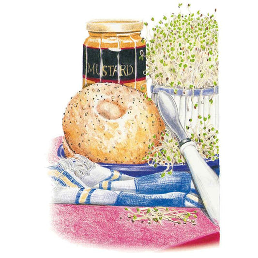 Illustration showing a jar of mustard, a poppy-seed bagel, and a knife beside a dense sprouting jar of alfalfa sprouts with delicate green tips and pale stems, arranged on a striped cloth to suggest a sprout-topped sandwich idea.