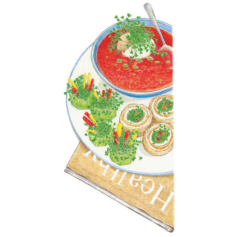 Illustrated plate showing red tomato soup topped with cress and sour cream, pinwheel sandwich bites, and pepper strips nestled in broccoli sprouts, set on a napkin printed with the word "Healthy".