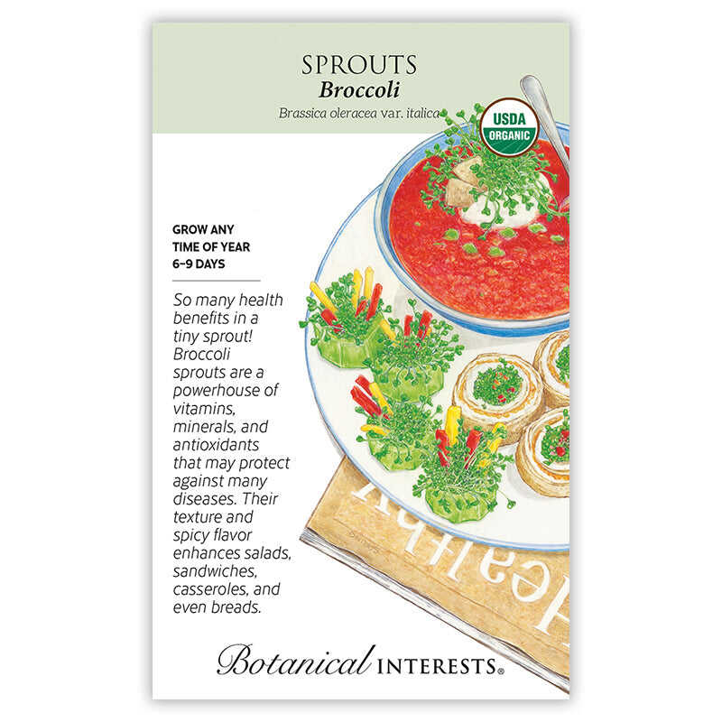 Botanical Interests organic Broccoli Sprouts seed packet illustrated with a plate of tomato soup, sushi-style rolls, and small mounds of green sprouts garnished with radish, plus text noting a 6–9 day growing time and describing the sprouts' health benefits and spicy flavor.