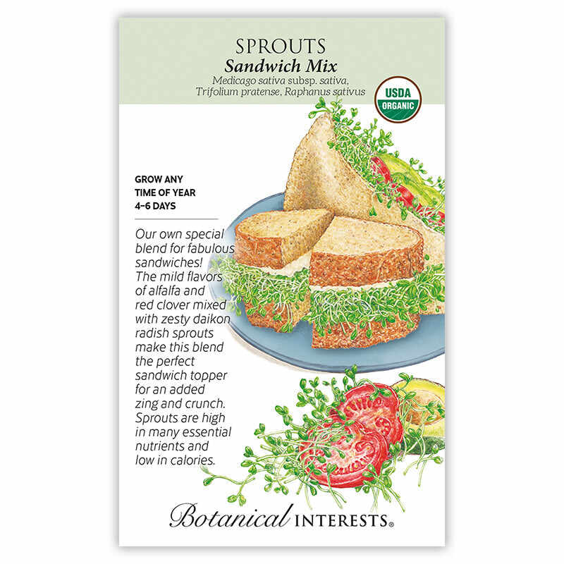 Botanical Interests organic Sandwich Mix Sprouts seed packet illustrated with sprout-topped sandwich halves on a blue plate and a small pile of sprouts with tomato slices, alongside text noting a 4-6 day grow time and describing the alfalfa, red clover, and daikon radish blend.