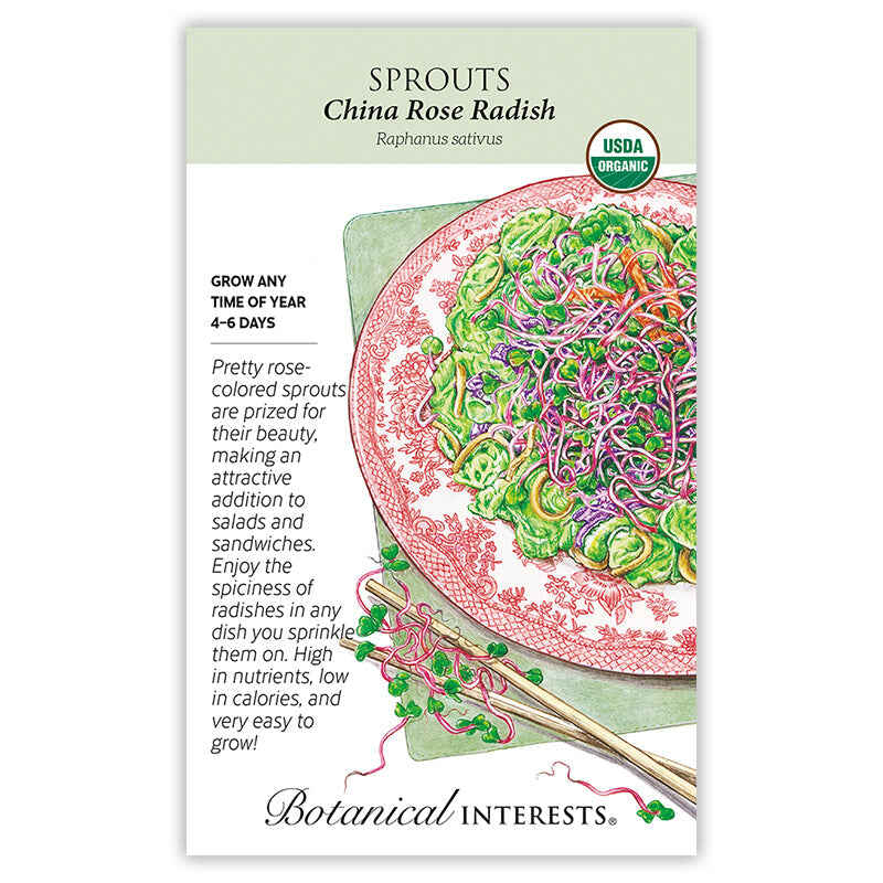 Seed packet for organic China Rose Radish sprouts, illustrated with an oriental salad topped with pink-tinged sprouts on a red-and-white patterned plate beside chopsticks, plus text noting a 4-6 day growing time and year-round planting.