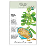 Seed packet for organic Fenugreek Sprouts illustrated with a leafy green fenugreek plant and a blue bowl of tangled white and gold sprouts with scattered seeds, with text noting sprouts grow in 2–4 days and describing their nutty, maple-like flavor.