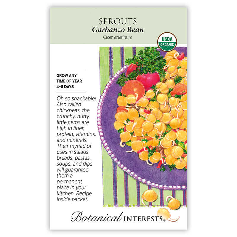 Botanical Interests Garbanzo Bean Sprouts seed packet with a USDA Organic seal, illustrated with sprouted chickpeas, tomato, and parsley on a purple plate, and printed text noting a 4-6 day sprouting time and describing their crunchy, nutty flavour and culinary uses.