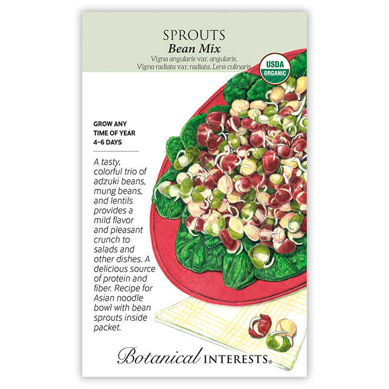 Botanical Interests organic Bean Mix Sprouts seed packet with an illustration of adzuki bean, mung bean, and lentil sprouts piled on red-tinged leaves on a plate, alongside text noting a 4-6 day grow time and describing the mild, crunchy flavor good for salads and an included Asian noodle bowl recipe.