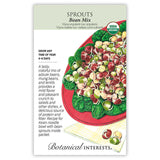 Botanical Interests organic Bean Mix Sprouts seed packet with an illustration of adzuki bean, mung bean, and lentil sprouts piled on red-tinged leaves on a plate, alongside text noting a 4-6 day grow time and describing the mild, crunchy flavor good for salads and an included Asian noodle bowl recipe.