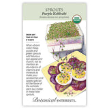 Seed packet for Purple Kohlrabi Sprouts, USDA Organic, illustrating a tray of dense purple-and-green sprouts beside deviled eggs garnished with the sprouts on purple kohlrabi leaves, with text noting a 6-8 day grow time and describing the sprouts' color, crunch, and mild kohlrabi flavor.