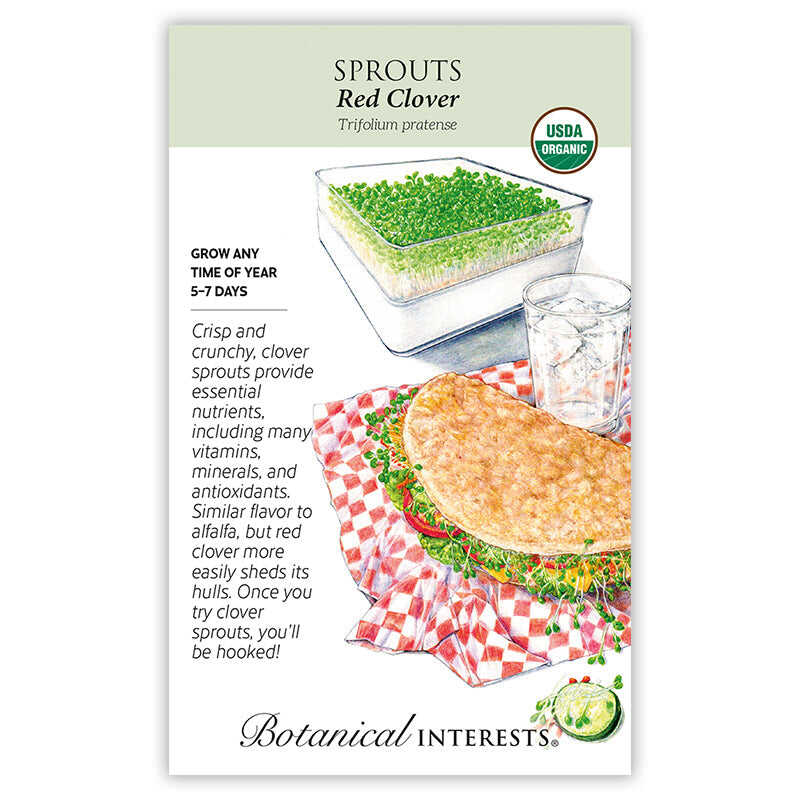 Seed packet for organic Red Clover Sprouts illustrated with a tray of dense green sprouts, a filled sandwich topped with sprouts, and a glass of ice water, alongside text noting a 5-7 day growing time and describing the crisp, nutrient-rich flavor.