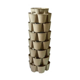 Empty GreenStalk 7-tier vertical planter in stone beige, its tall stacked column of overlapping pots angled outward on each level for planting, shown against a plain white background.