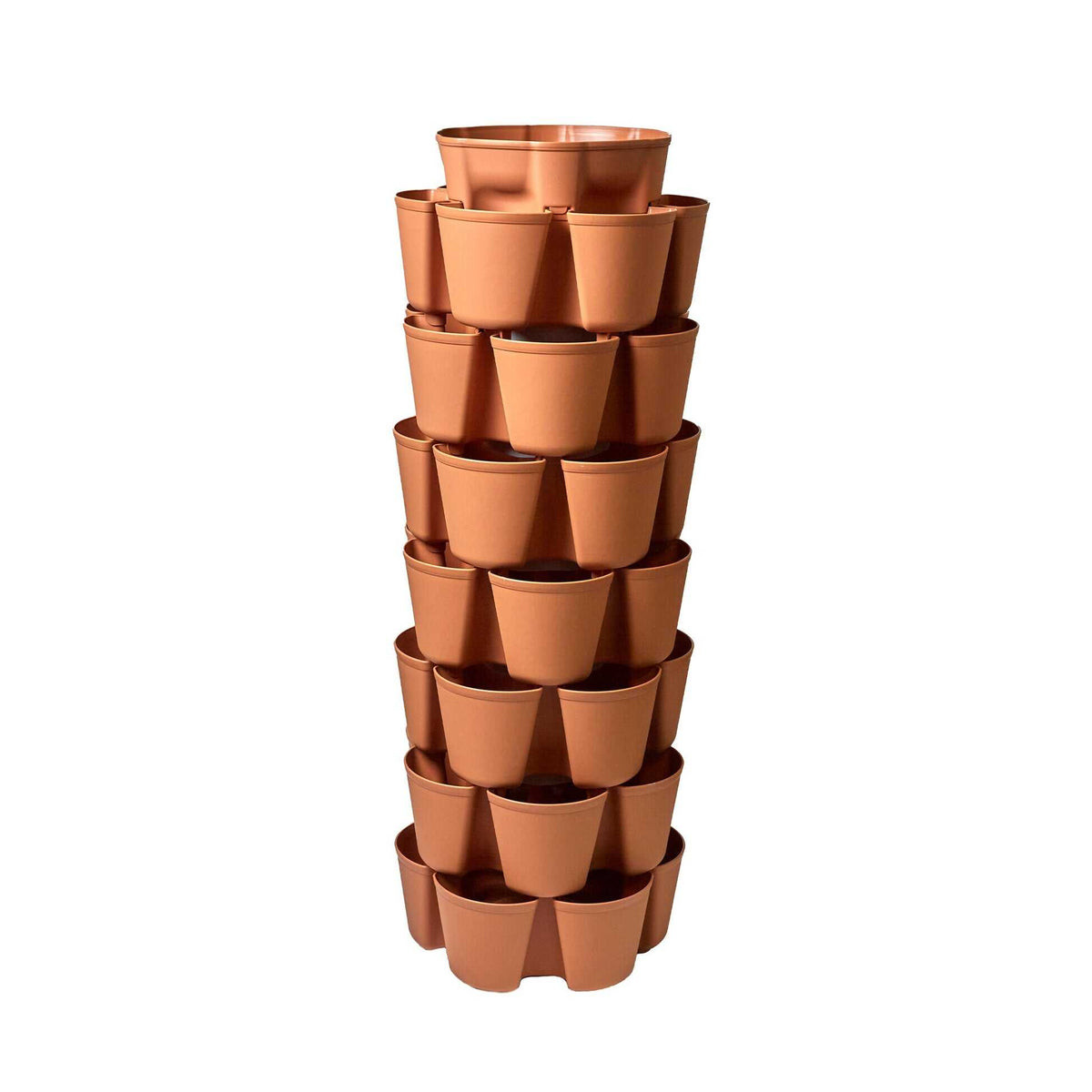 Terracotta-coloured GreenStalk 7-tier vertical planter, a tall stacked tower of interlocking pots with three planting cups per tier arranged around the column, shown empty against a white background.