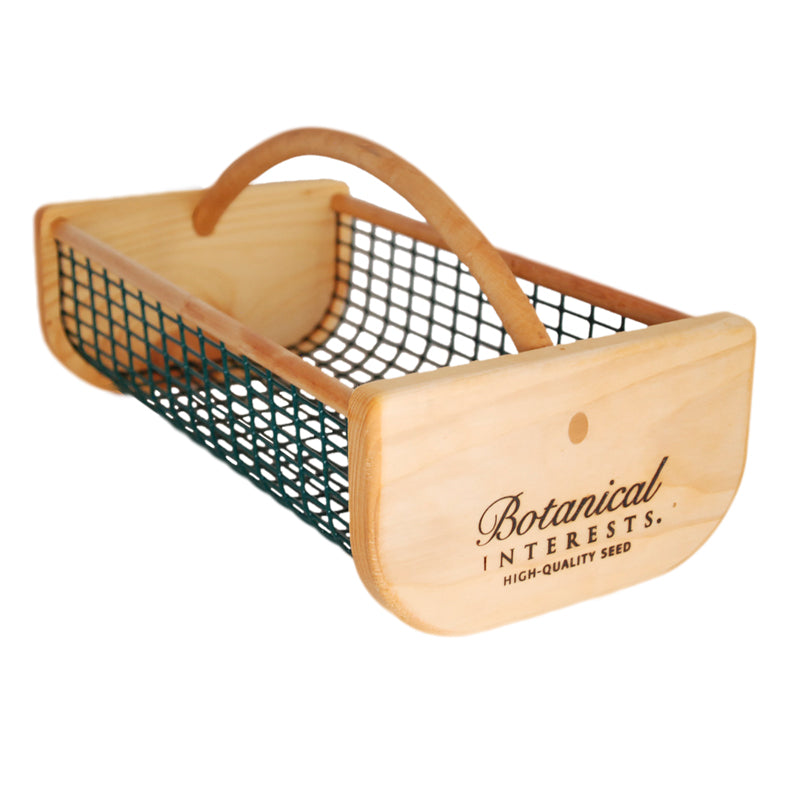 Wooden seed storage harvest basket with metal wire mesh side panels and 'Botanical Interests HIGH-QUALITY SEED' logo printed on the front end