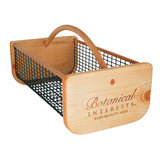 Wooden seed storage harvest basket with metal wire mesh and 'Botanical Interests HIGH-QUALITY SEED' logo printed on the front, set against a white background