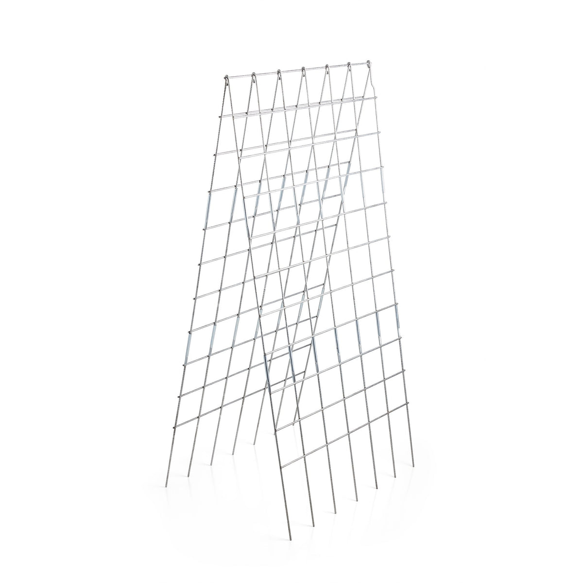 Recommended Alt Text:
Assembled silver galvanized steel A-frame trellis standing at an angle against a white background, showing its grid panel design and support legs
