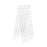 Recommended Alt Text:
Assembled silver galvanized steel A-frame trellis standing at an angle against a white background, showing its grid panel design and support legs