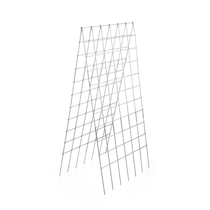 Recommended Alt Text:
Assembled silver galvanized steel A-frame trellis standing at an angle against a white background, showing its grid panel design and support legs