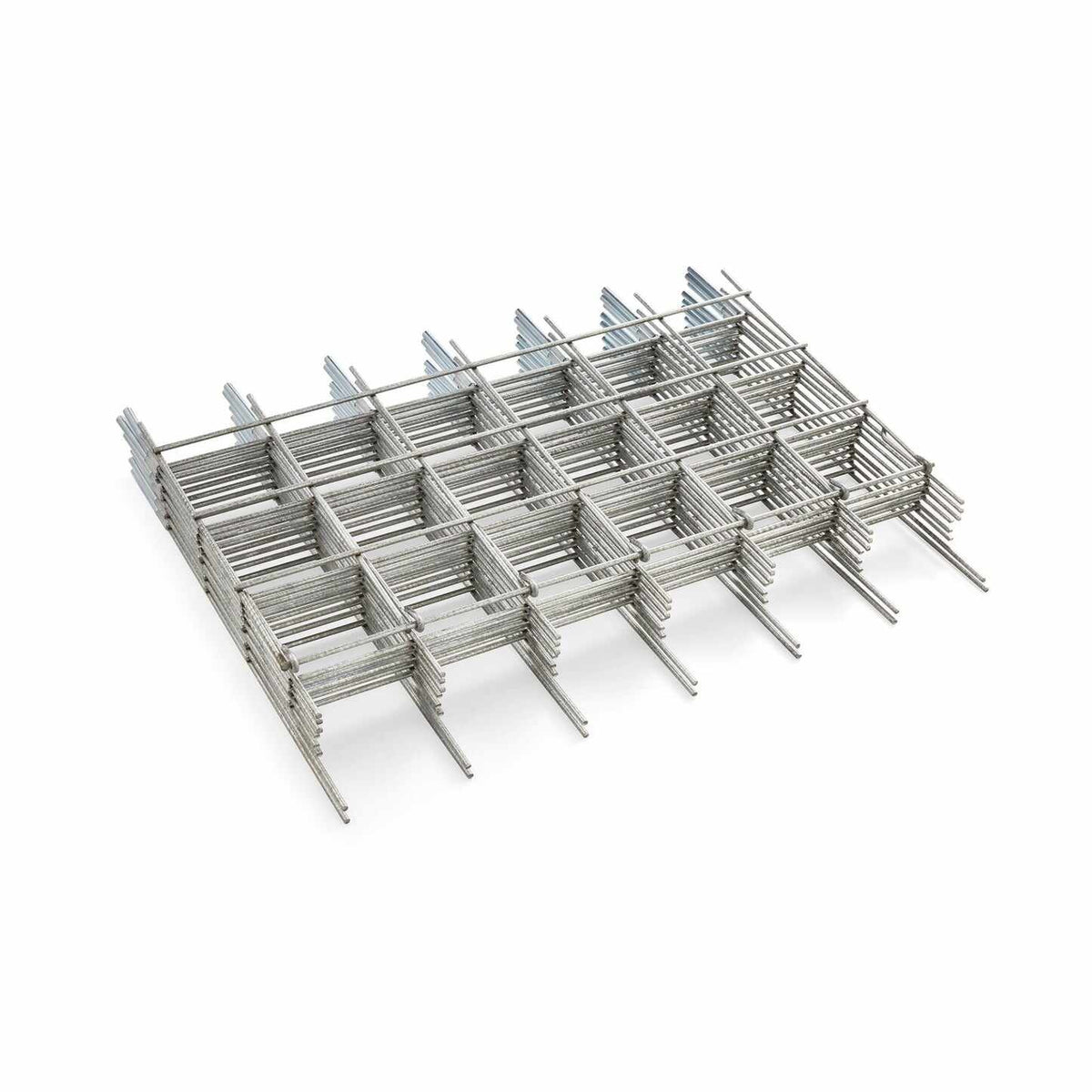 Stacked sections of silver galvanized steel A-frame trellis grid panels