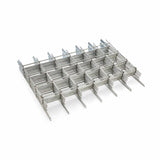 Stacked sections of silver galvanized steel A-frame trellis grid panels
