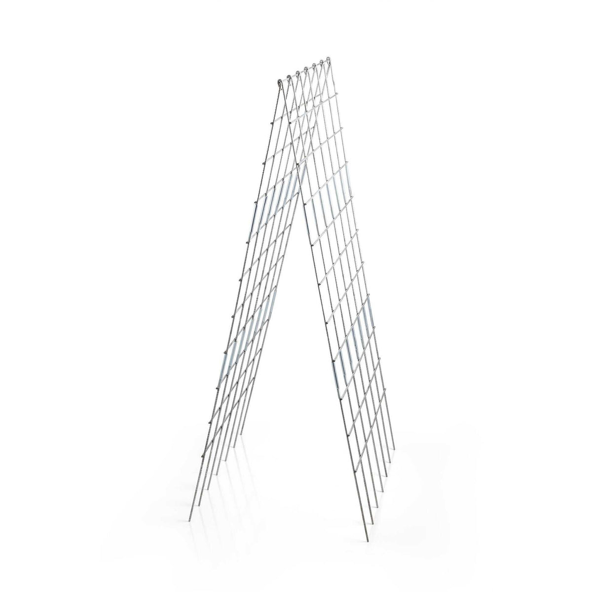 Silver heavy-duty galvanized steel A-frame trellis standing on a white background