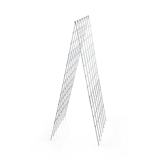 Silver heavy-duty galvanized steel A-frame trellis standing on a white background