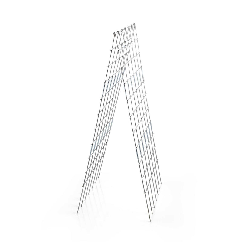 Silver heavy-duty galvanized steel A-frame trellis standing on a white background