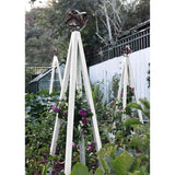 White pyramid-shaped metal Akoris Garden Obelisk Large trellises with bronze sphere finials set among lush green foliage and purple flowering plants