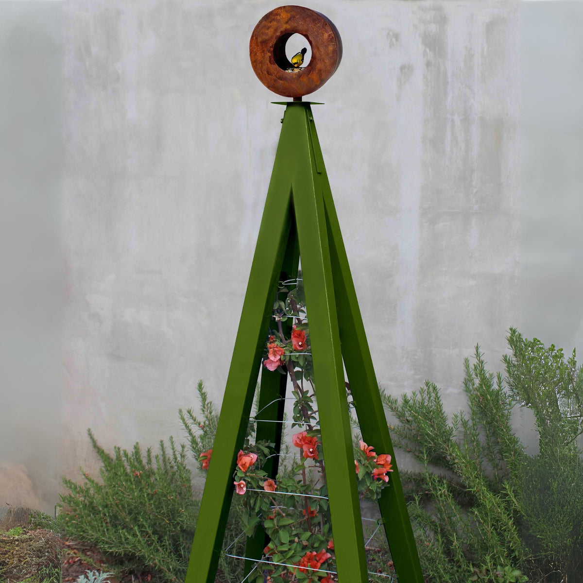 Olive green metal A-frame Bird Cafe with Trellis topped with a circular oxide steel bird feeder, set against a concrete wall with rosemary plants at the base