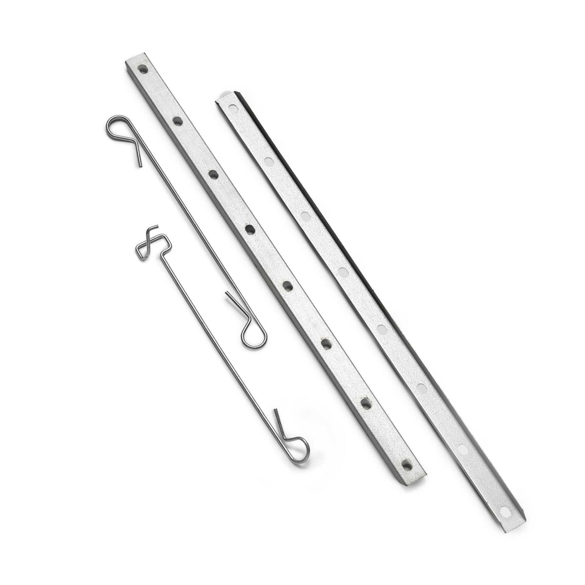 Set of metal hooks and rods on a white background