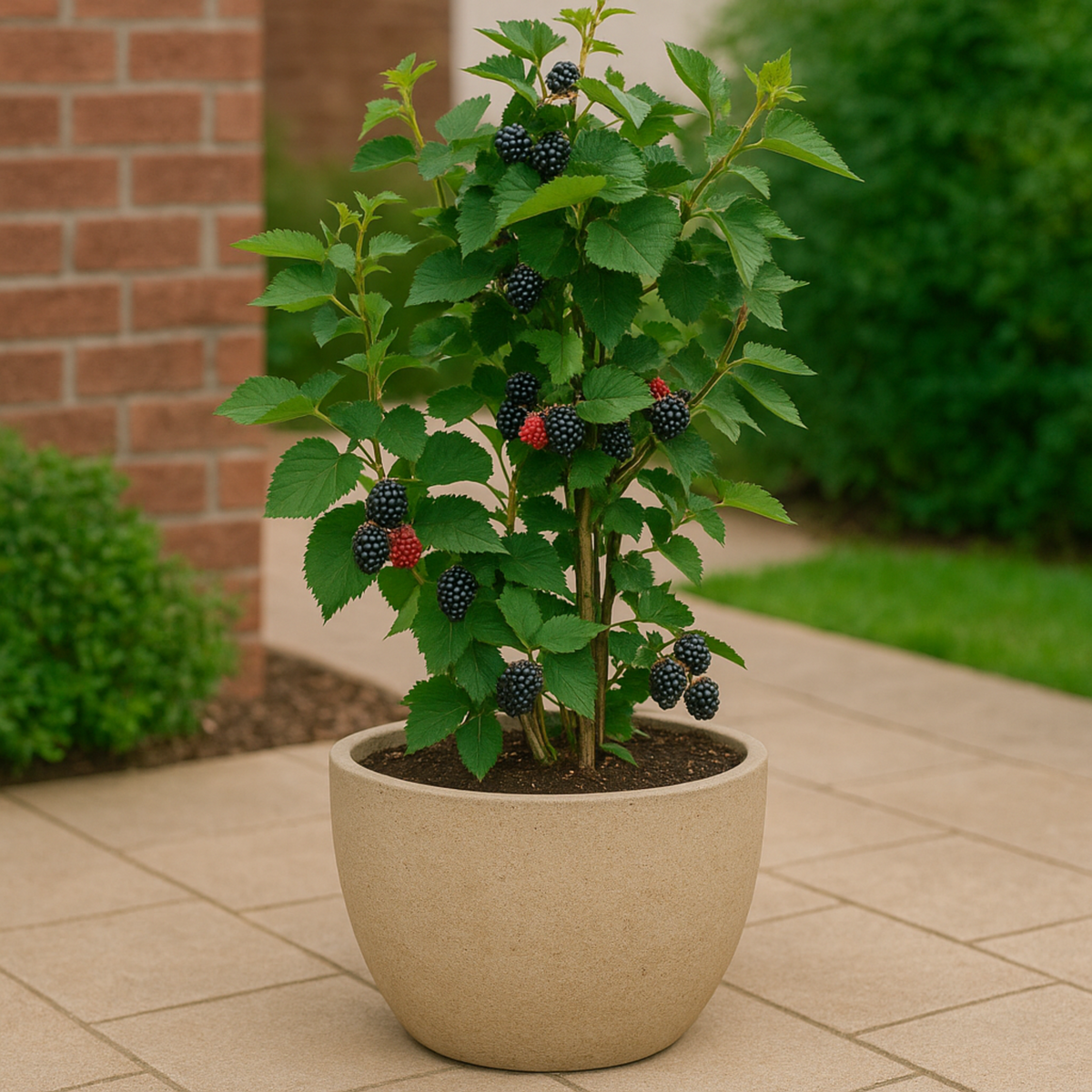 Full view of a potted Thornless Blackberry Bush with green foliage and ripe black berries sitting on a paved patio outdoors.