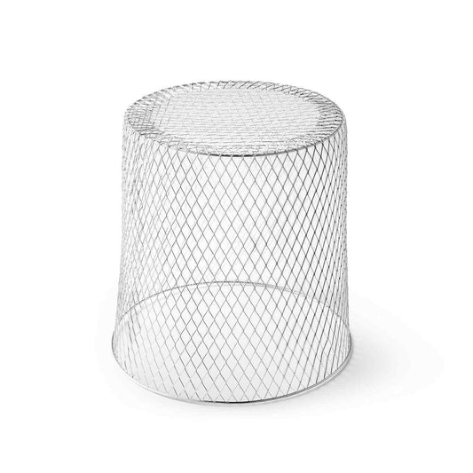Tapered cylindrical wire mesh cage from the Critter Cage plant protector set, shown empty on a plain white background to display its diamond-patterned metal construction.