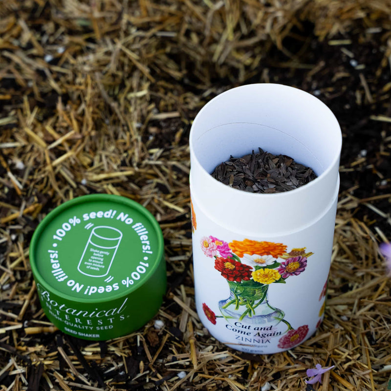 Open Botanical Interests Cut and Come Again Zinnia seed shaker tube next to its green lid on straw mulch.