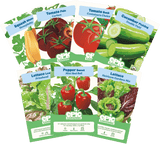 Collection of Epic Gardening vegetable seed packets including Honeybaby Winter Squash, Carbon Tomato Pole, Conatiners Choice Tomato Bush, Double Yield Cucumber Pickling, Prizehead Lettuce Leaf, Mini Red Bell Pepper Sweet, and Lettuce Heirloom Garden Mix on a white background