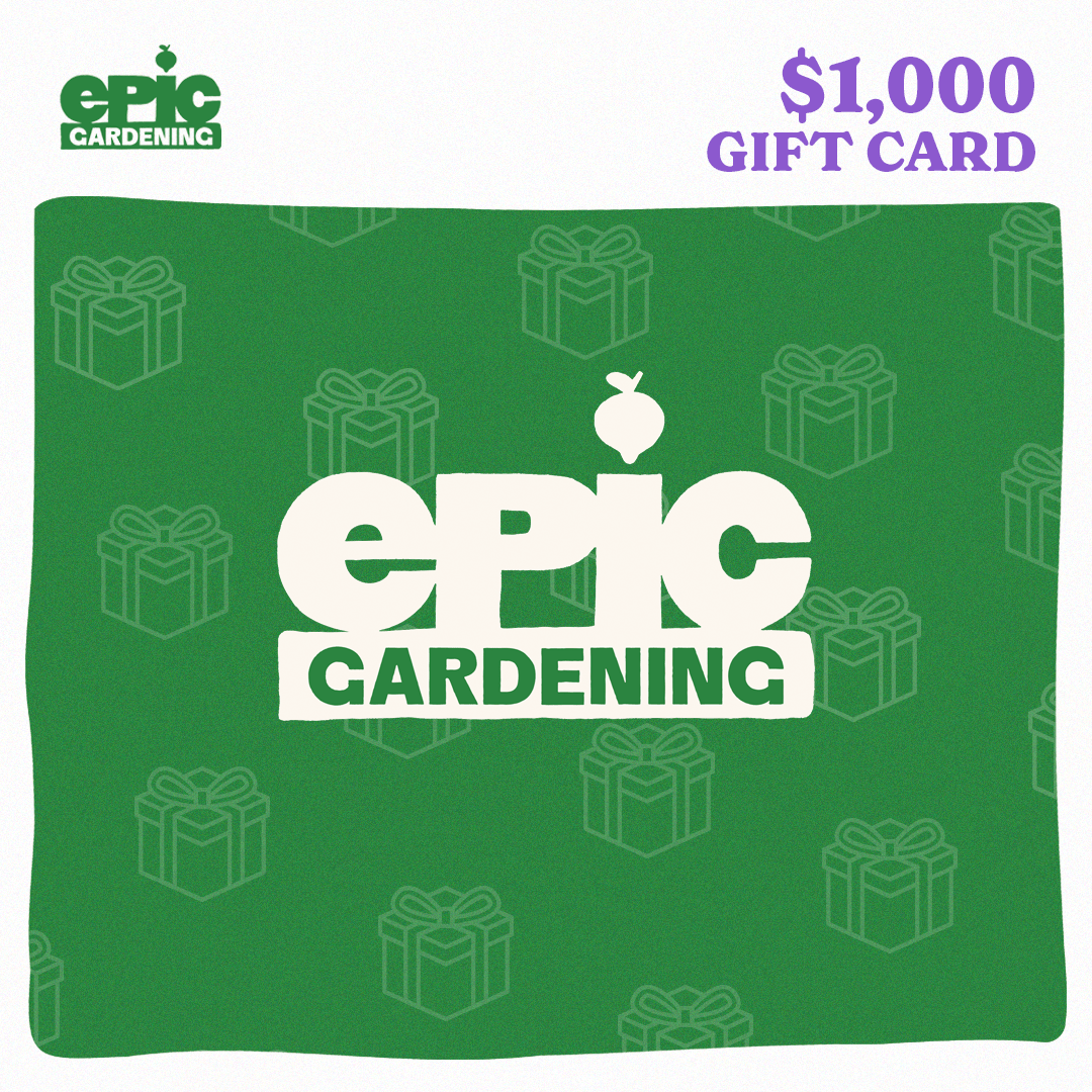 Green gift card graphic with a faint gift-box pattern, displaying the white Epic Gardening logo in the centre and text indicating a $1,000 gift card value.