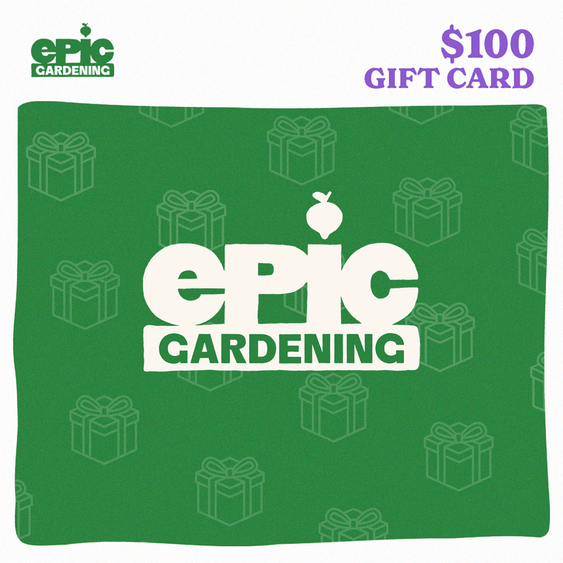 Green Epic Gardening $100 gift card design with a repeating faint gift-box pattern and the Epic Gardening logo centered on the card, 