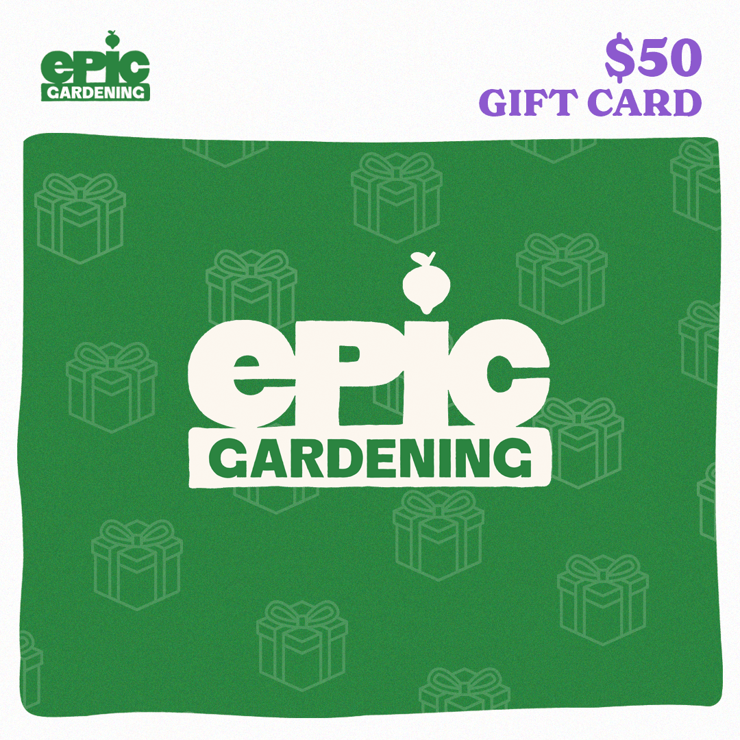 Fifty dollar Epic Gardening digital gift card graphic, showing the white Epic Gardening logo on a green background patterned with faint gift box icons, with "$50 Gift Card" text in the corner.