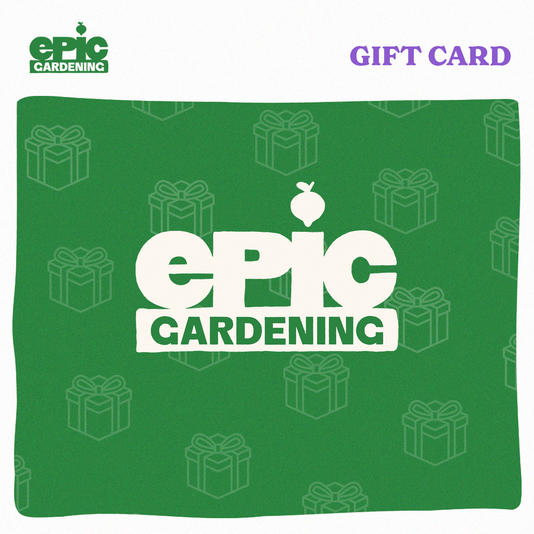 Epic Gardening digital gift card graphic, showing the white Epic Gardening logo on a green background patterned with faint gift-box icons, labelled "Gift Card" in purple at the top.