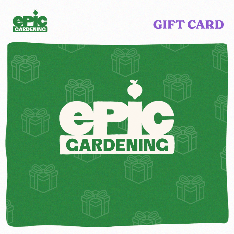 Epic Gardening digital gift card graphic, showing the white Epic Gardening logo on a green background patterned with faint gift-box icons, labelled 