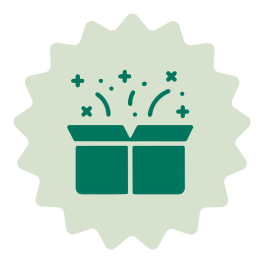 Icon of a green gift box with sparkles on a light green background